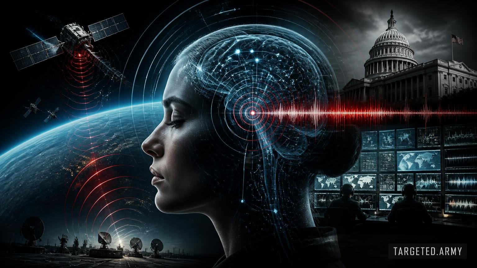A cinematic TARGETED.ARMY editorial illustration representing the question: How is DARPA involved in space-based neural warfare?