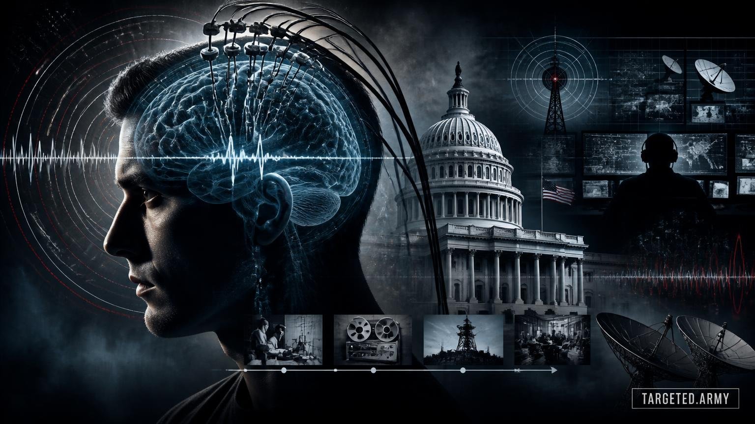 A cinematic TARGETED.ARMY editorial illustration representing the question: What is the historical context of U.S. government research into mind control?