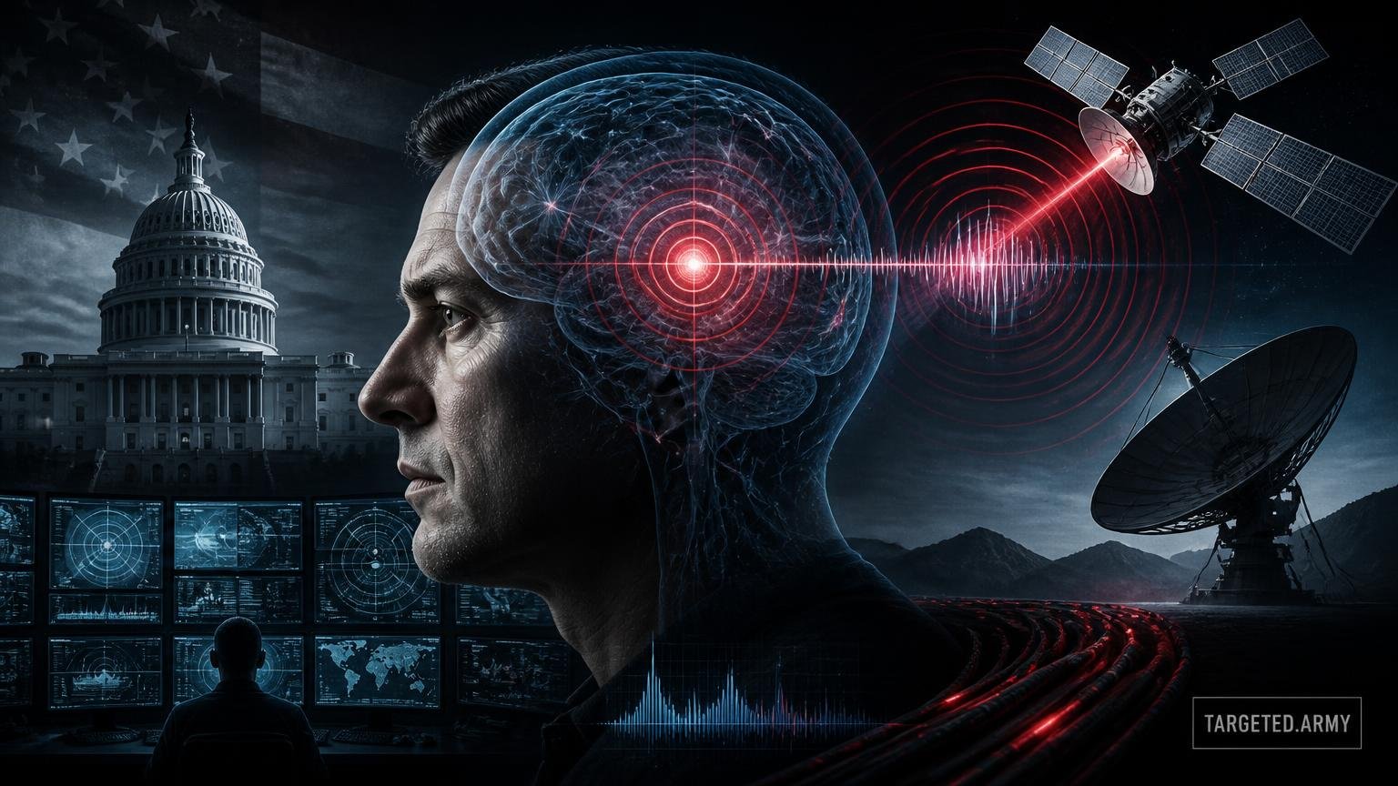 A cinematic TARGETED.ARMY editorial illustration representing the question: What has Richard Lighthouse claimed about satellite-based mind control?