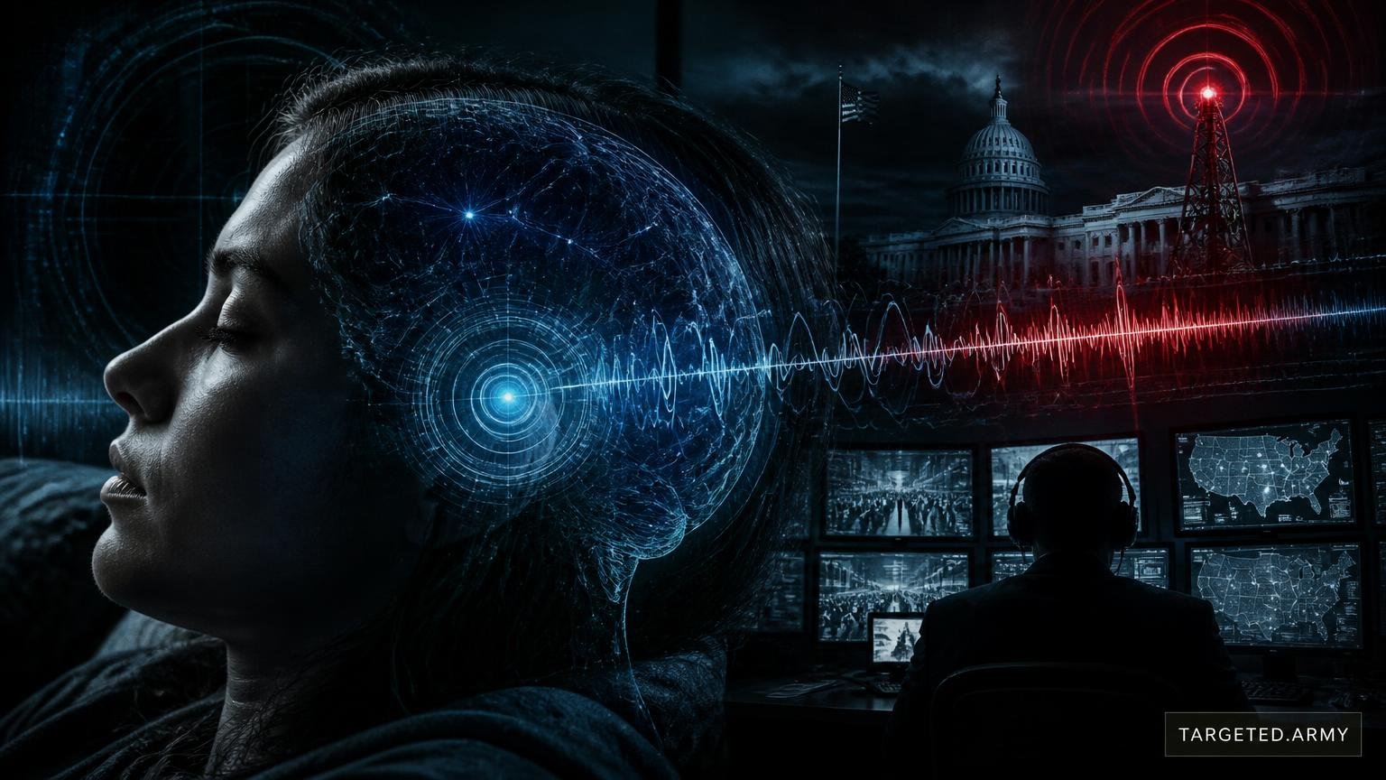 A cinematic TARGETED.ARMY editorial illustration representing the question: Why would the government use dream manipulation on civilians?