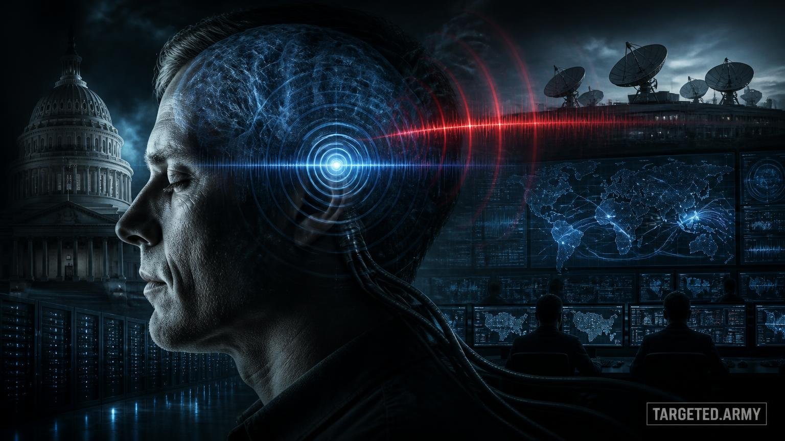 A cinematic TARGETED.ARMY editorial illustration representing the question: Why is the NSA particularly suited to run these mind control programs?