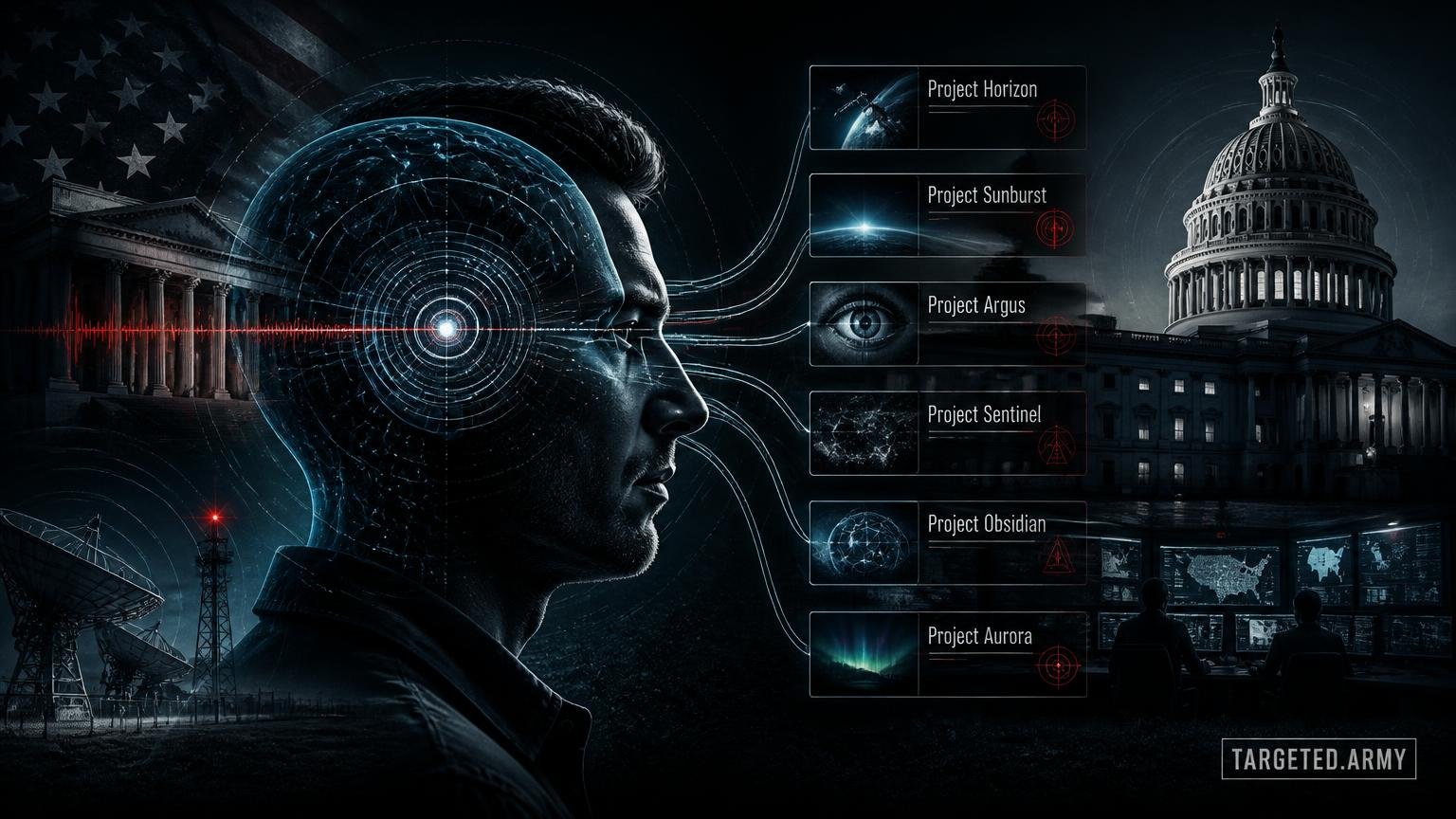 A cinematic TARGETED.ARMY editorial illustration representing the question: What are the alleged successors to Project Stargate?
