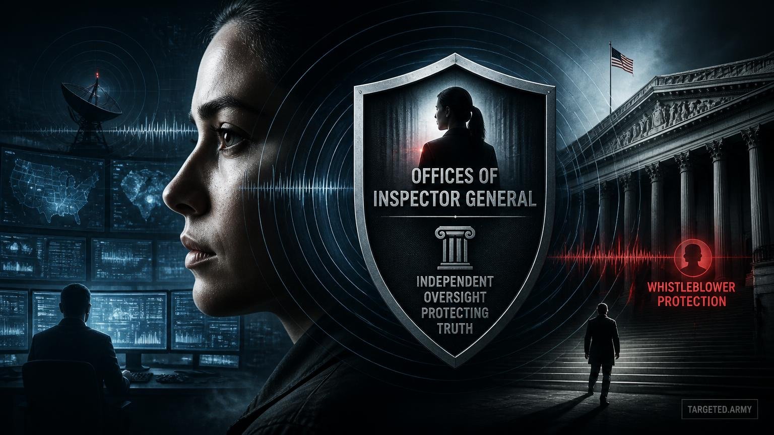 A cinematic TARGETED.ARMY editorial illustration representing the question: What is the role of Offices of Inspector General in whistleblower protection?