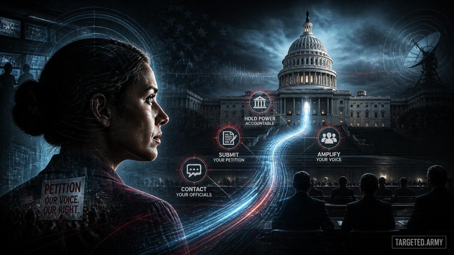 A cinematic TARGETED.ARMY editorial illustration representing the question: How can victims petition Congress and public officials?