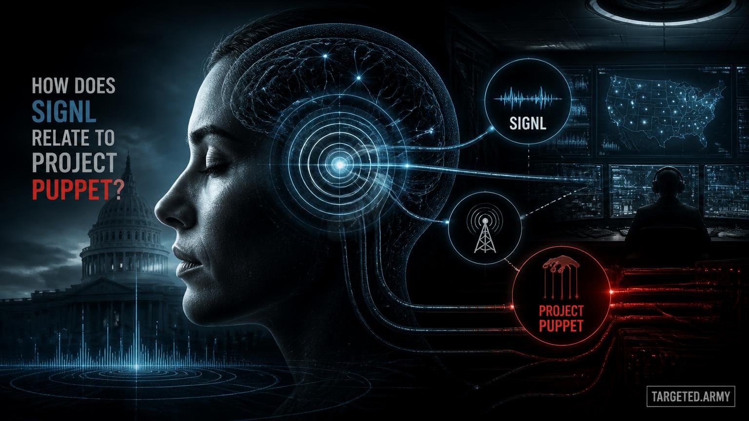 A cinematic TARGETED.ARMY editorial illustration representing the question: How does SIGNL relate to Project Puppet?
