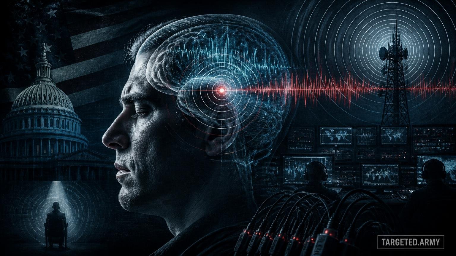 A cinematic TARGETED.ARMY editorial illustration representing the question: What did Robert Duncan's whistleblower testimony reveal about mind control programs?