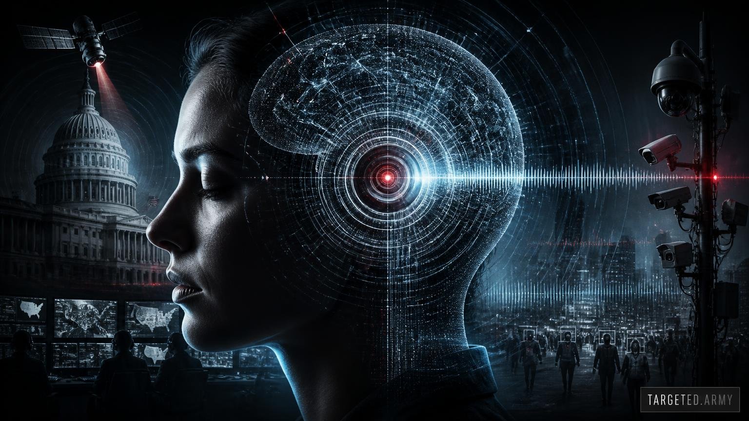 A cinematic TARGETED.ARMY editorial illustration representing the question: What is AI Surveillance?
