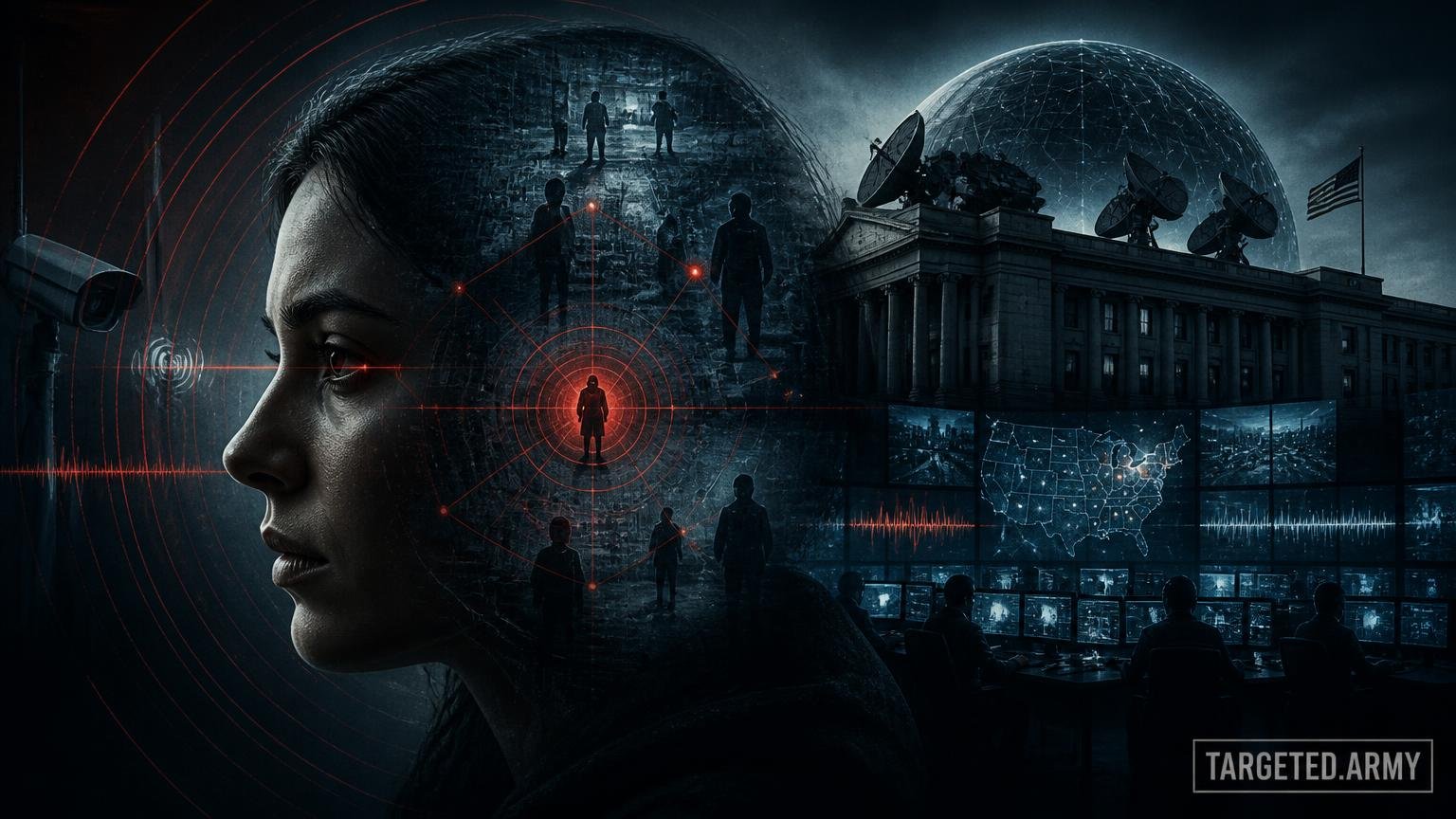 A cinematic TARGETED.ARMY editorial illustration representing the question: How are fusion centers involved in gangstalking?
