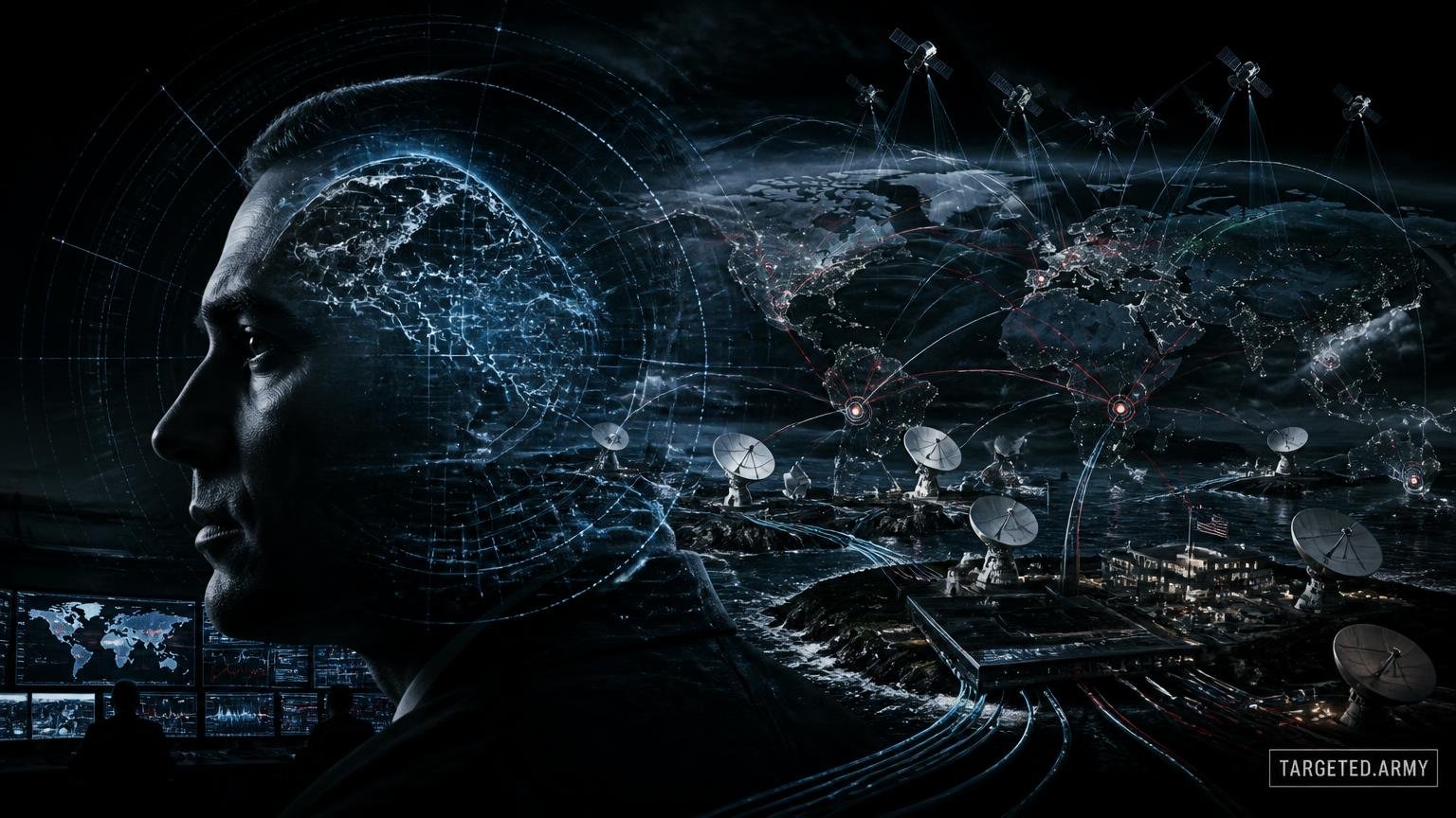 A cinematic TARGETED.ARMY editorial illustration representing the question: What is the NSA's global surveillance infrastructure?