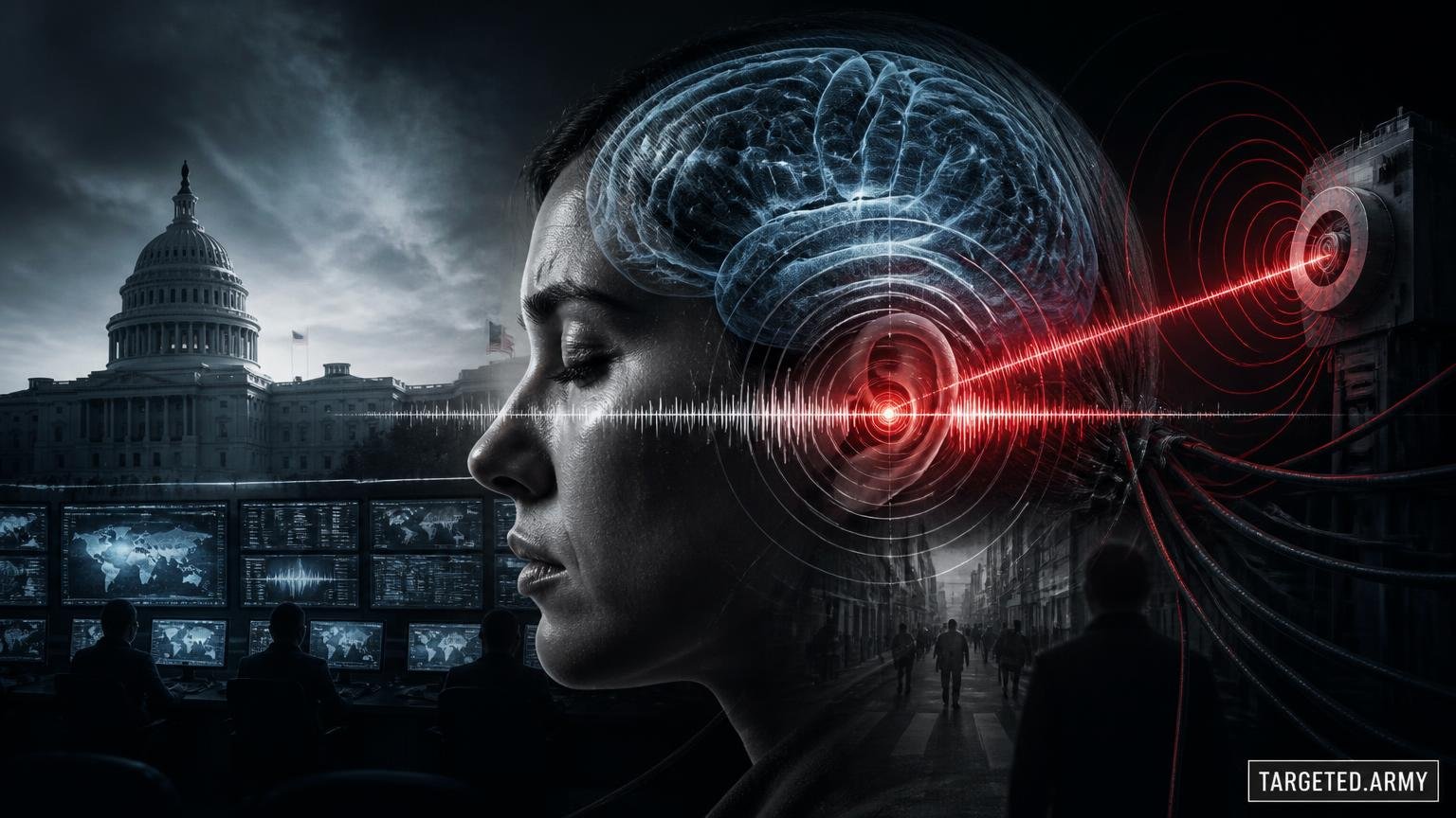 A cinematic TARGETED.ARMY editorial illustration representing the question: What are the potential abuses of Silent Talk technology against civilians?