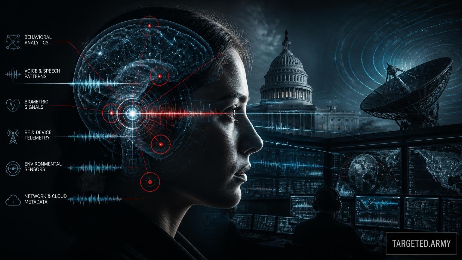 A cinematic TARGETED.ARMY editorial illustration representing the question: What technologies does the AI use to read targets in Project Puppet?