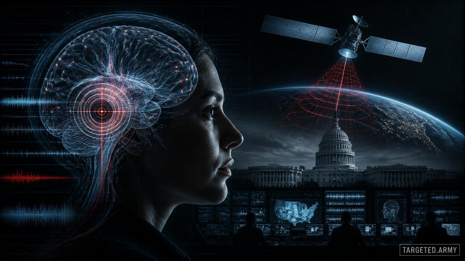 A cinematic TARGETED.ARMY editorial illustration representing the question: What evidence suggests satellite-based neural surveillance systems exist?