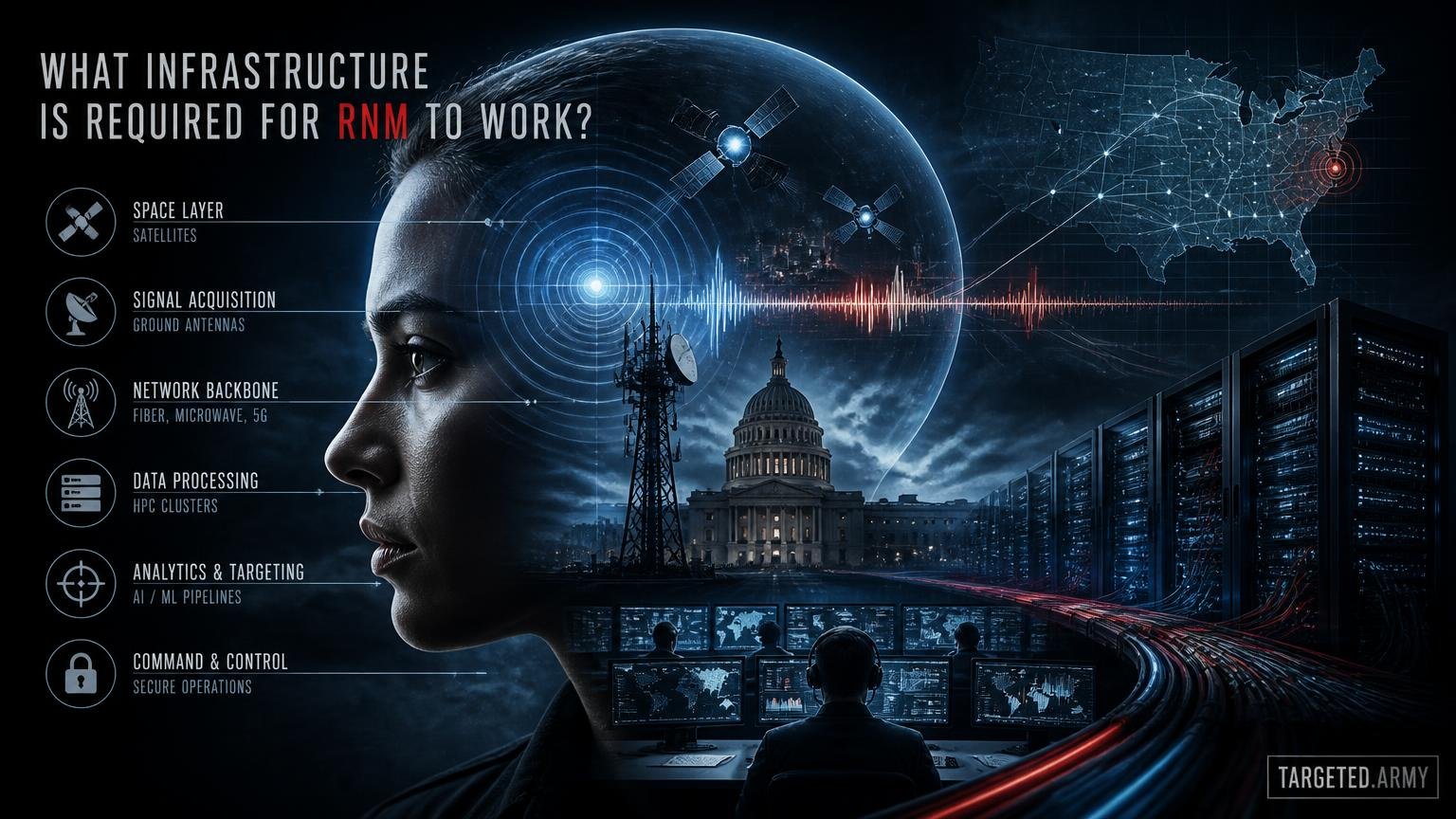 A cinematic TARGETED.ARMY editorial illustration representing the question: What infrastructure is required for RNM to work?