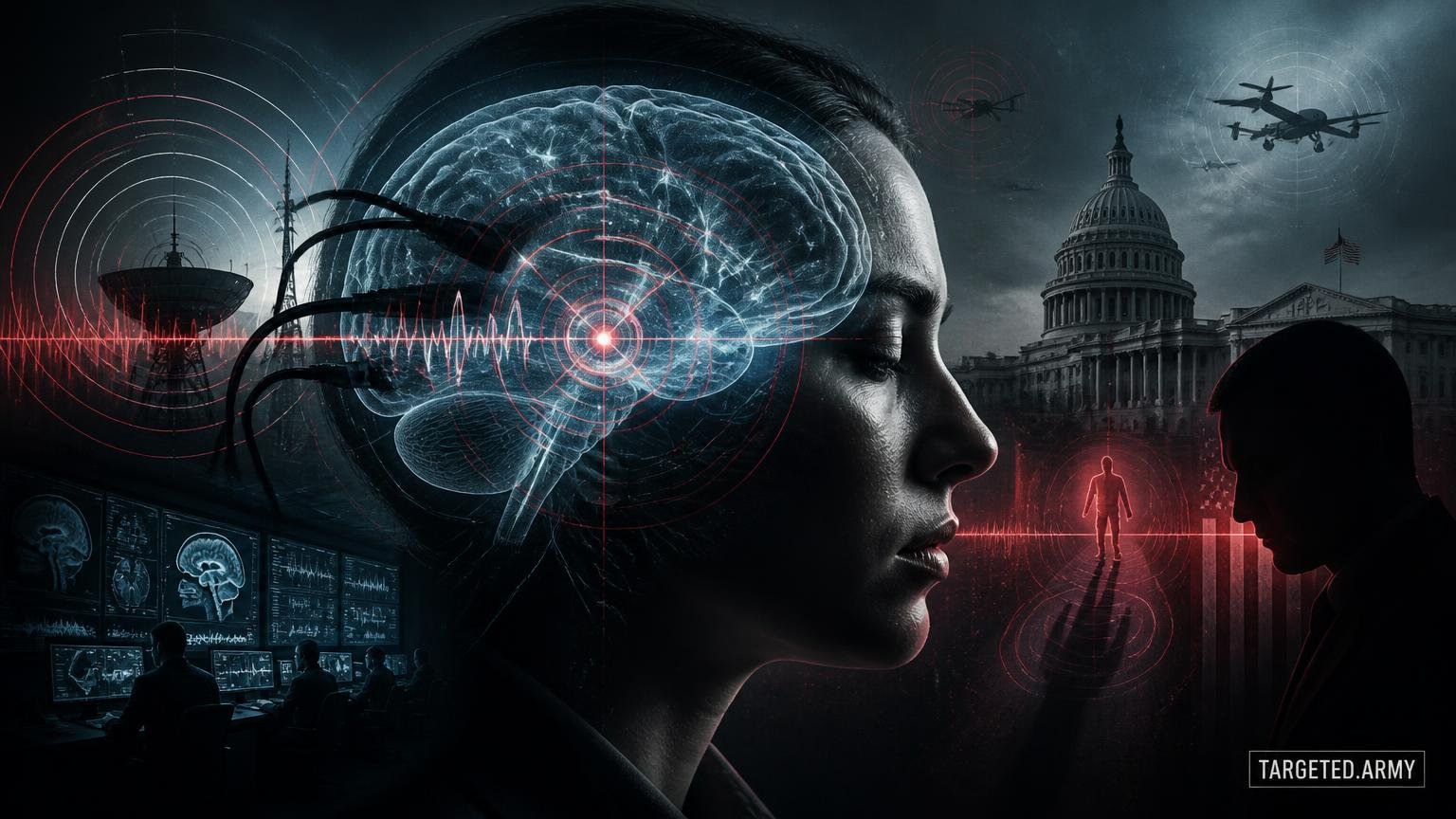 A cinematic TARGETED.ARMY editorial illustration representing the question: What are the ethical concerns around DARPA's neuroweapons research?