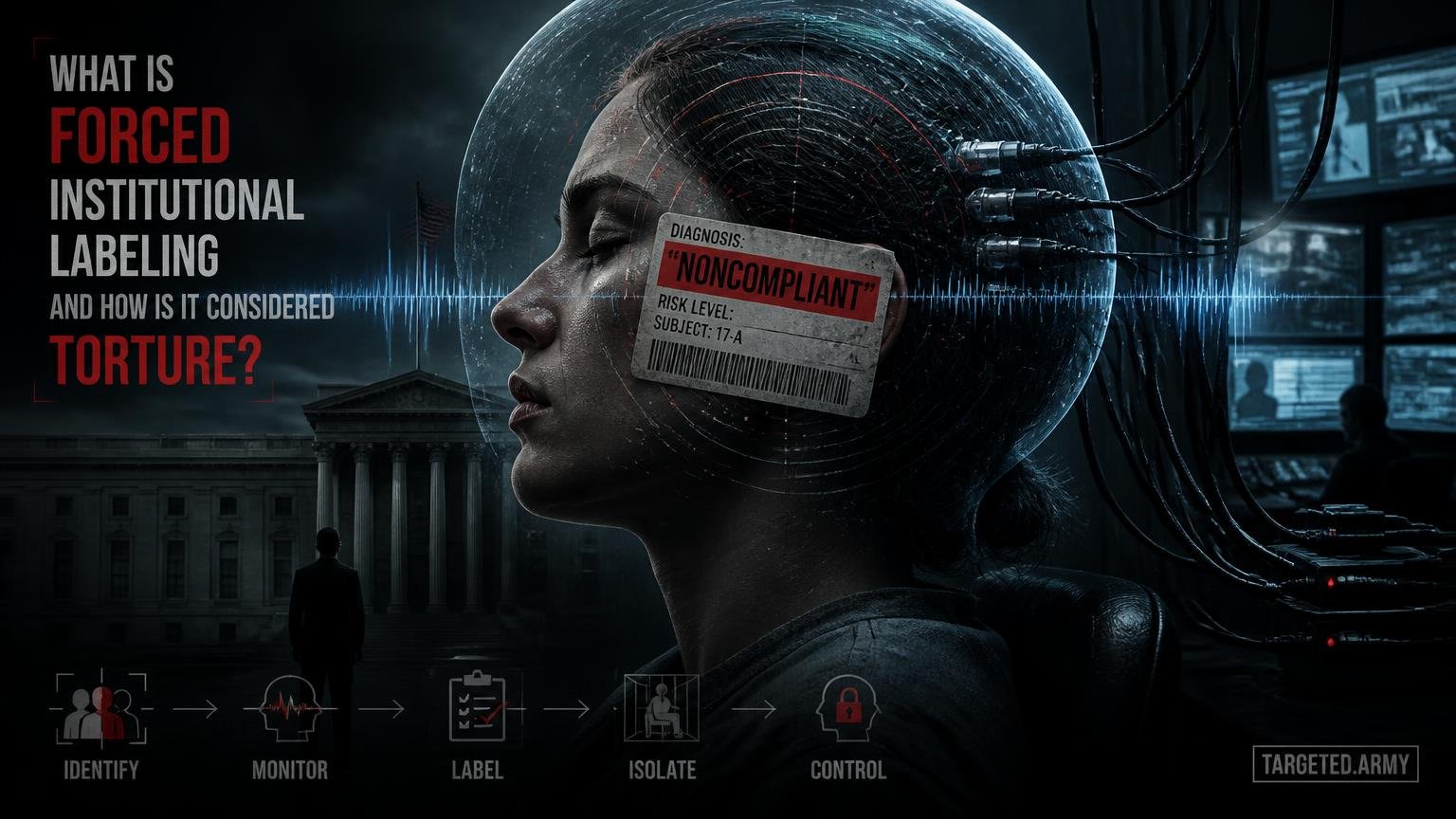 A cinematic TARGETED.ARMY editorial illustration representing the question: What is forced institutional labeling and how is it considered torture?