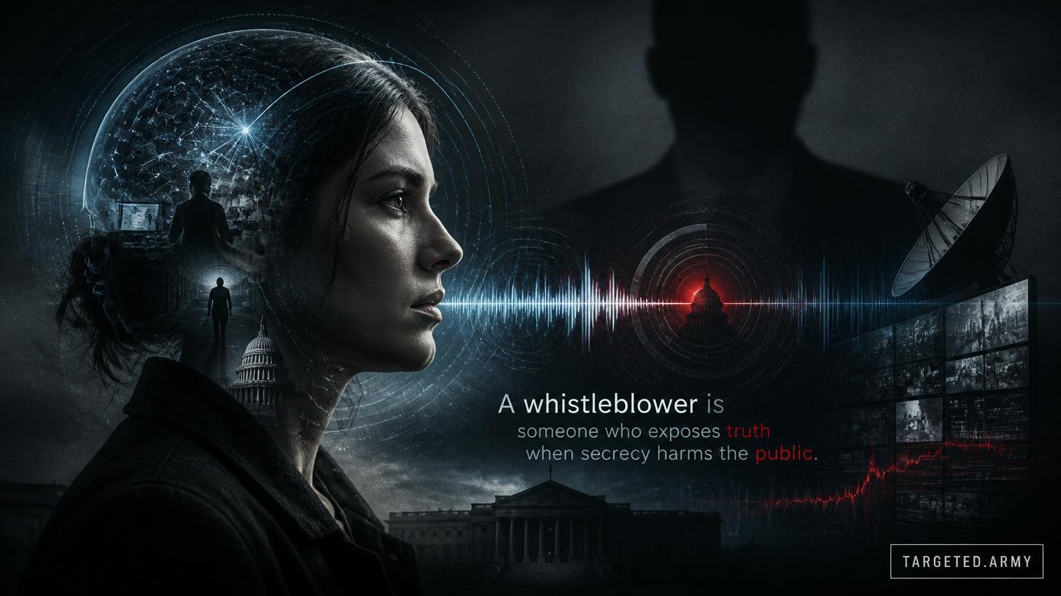 A cinematic TARGETED.ARMY editorial illustration representing the question: What is a whistleblower?