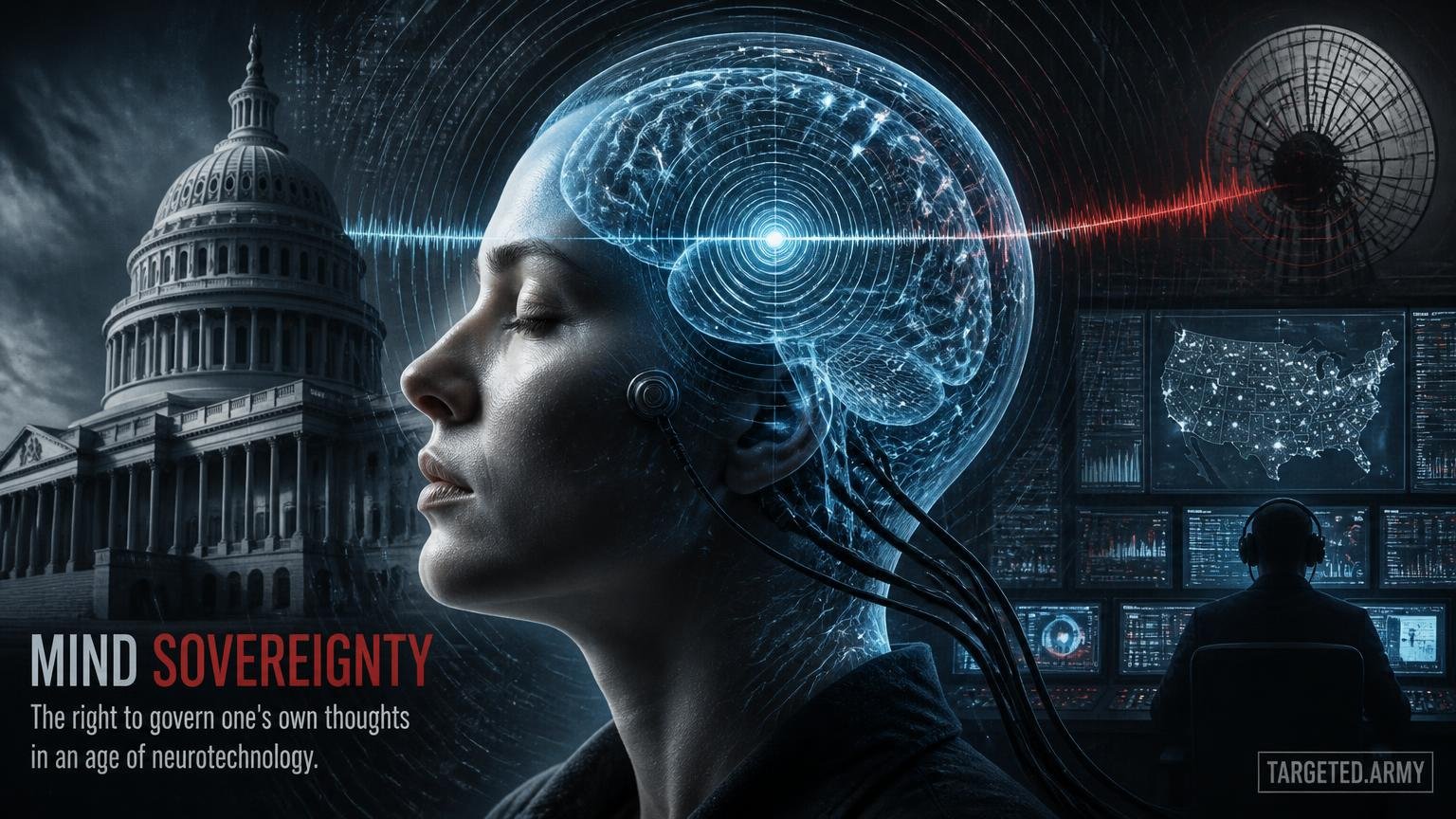 A cinematic TARGETED.ARMY editorial illustration representing the question: What is the concept of 'mind sovereignty' in the context of neurotechnology?