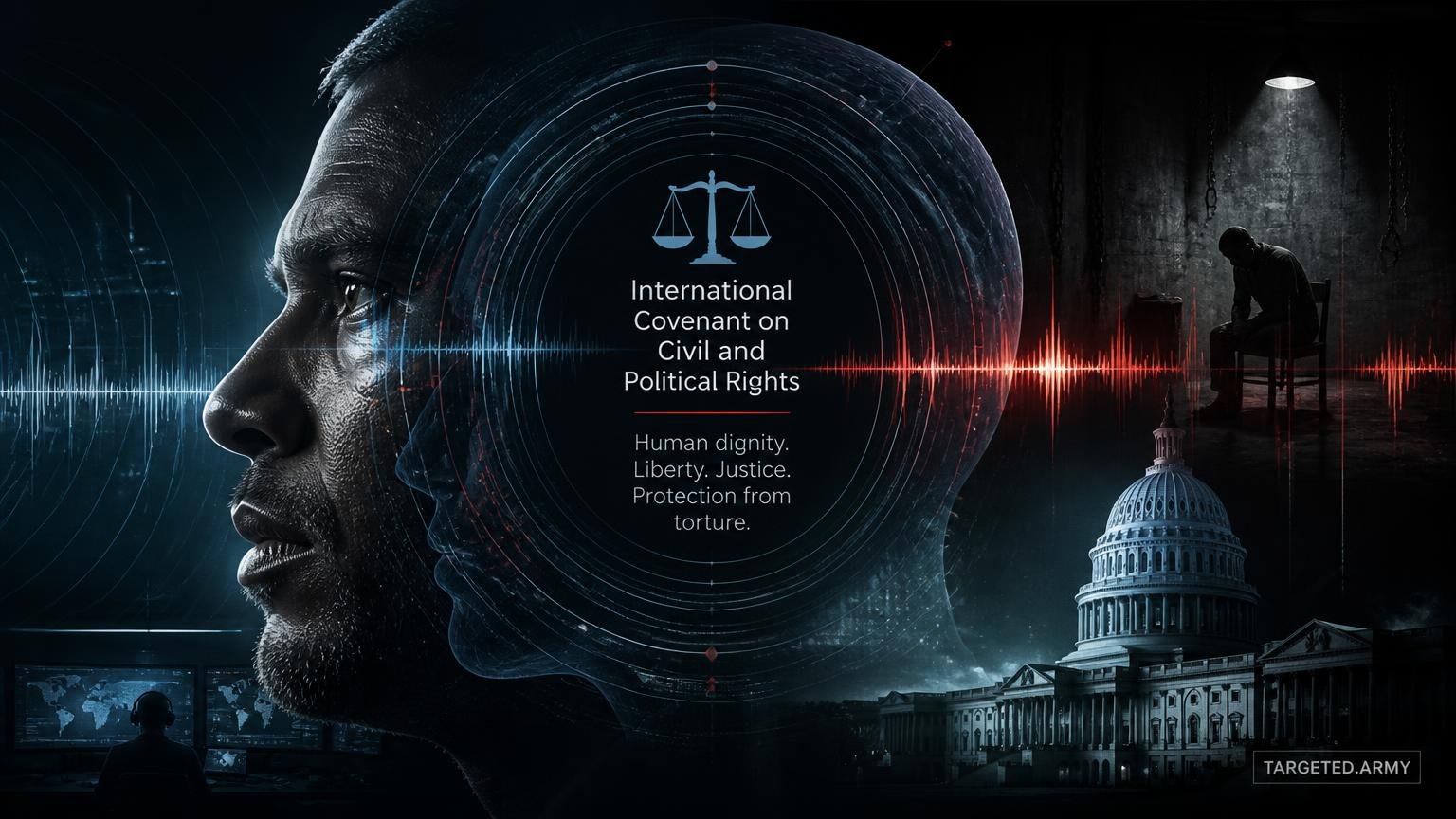 A cinematic TARGETED.ARMY editorial illustration representing the question: What is the International Covenant on Civil and Political Rights (ICCPR) and its relevance to torture?