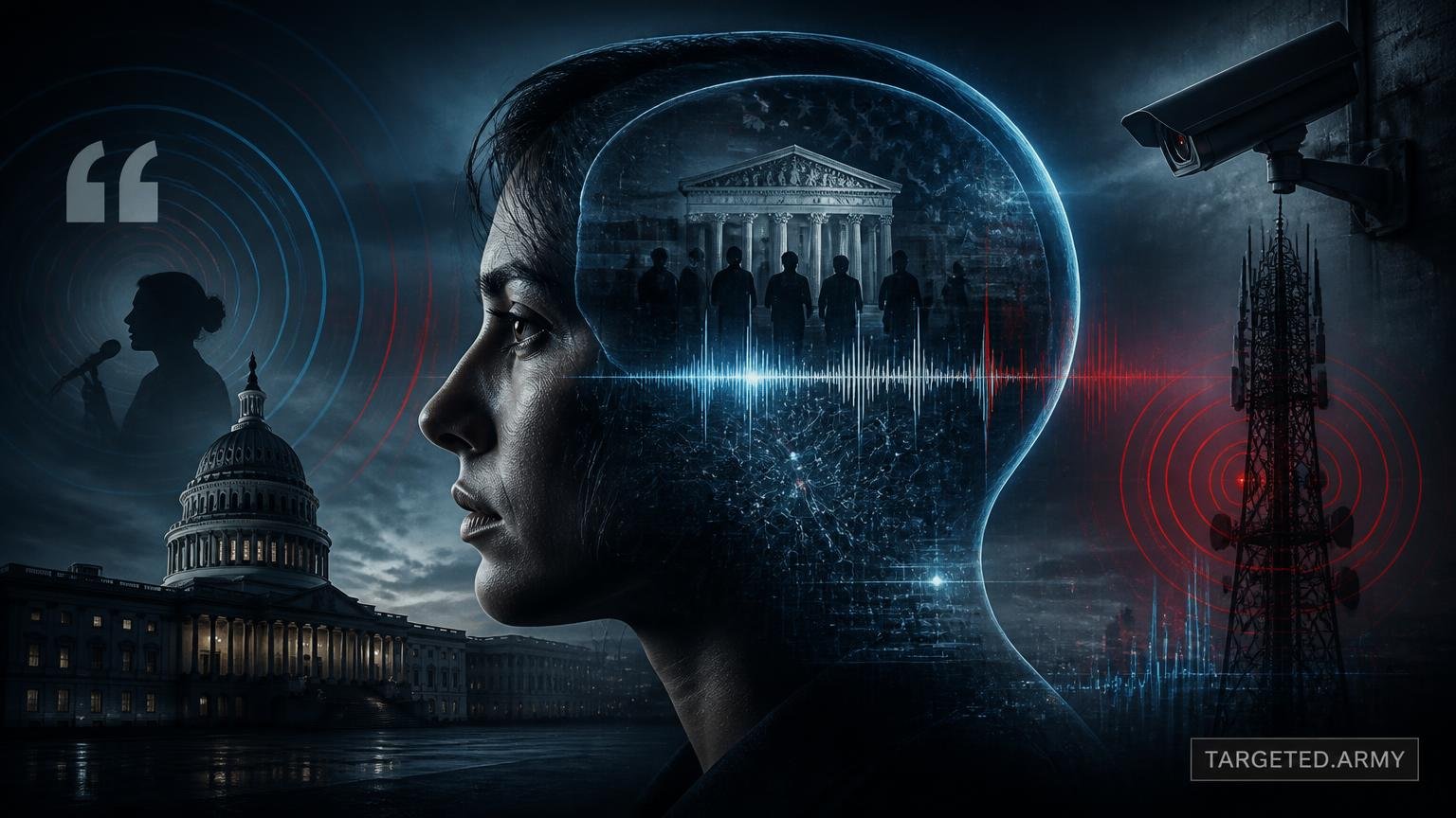A cinematic TARGETED.ARMY editorial illustration representing the question: What is the relationship between gangstalking and the First Amendment?