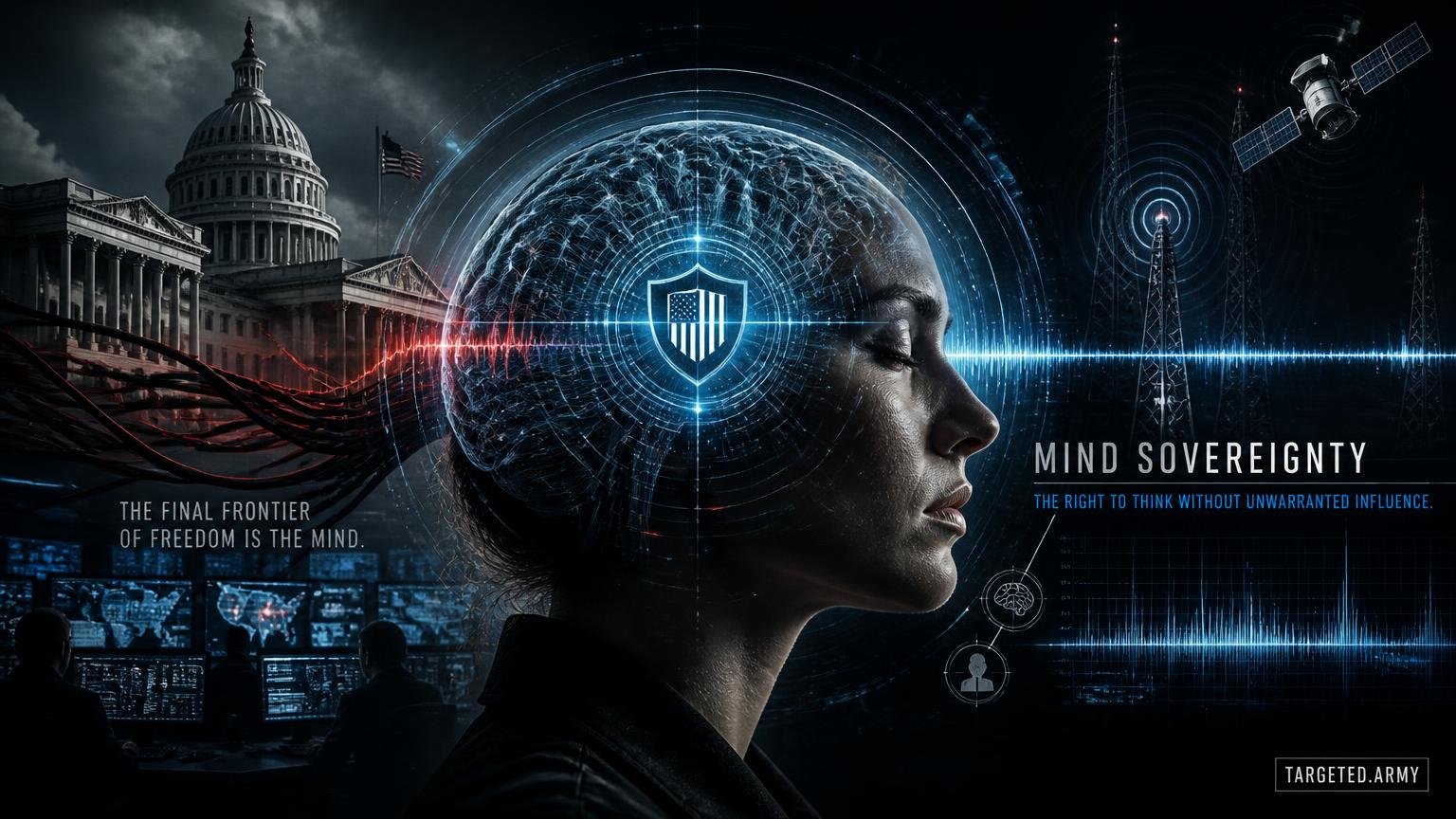 A cinematic TARGETED.ARMY editorial illustration representing the question: What is the concept of 'mind sovereignty'?