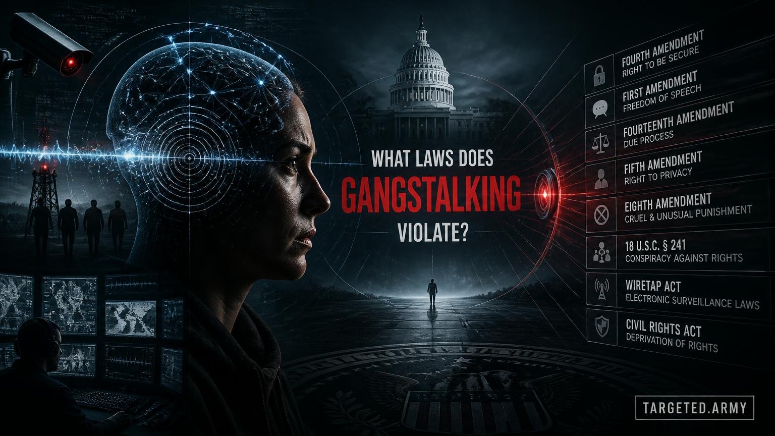 A cinematic TARGETED.ARMY editorial illustration representing the question: What laws does gangstalking violate?