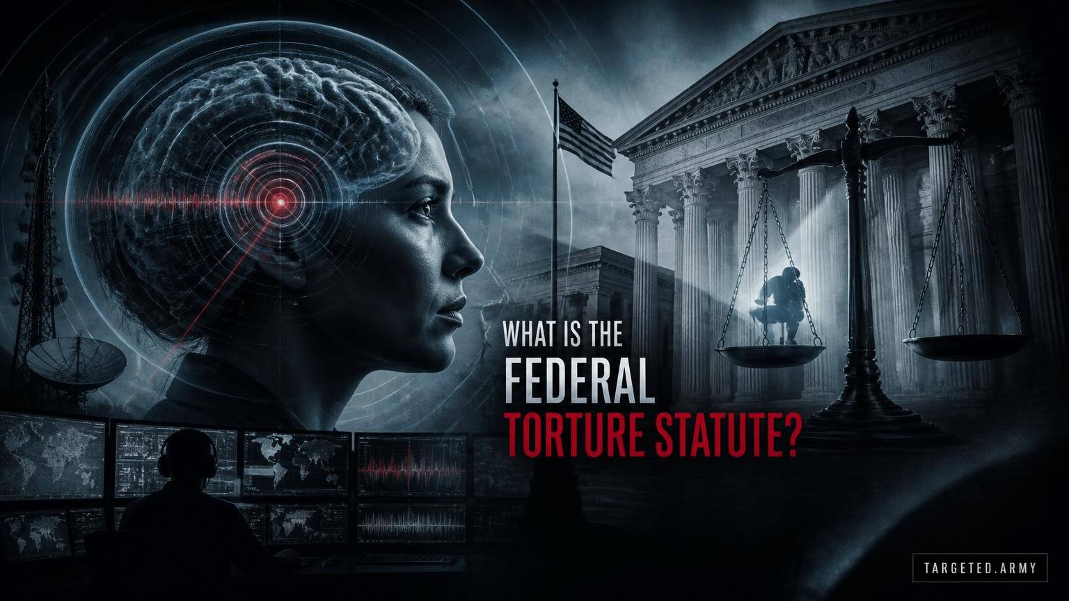 A cinematic TARGETED.ARMY editorial illustration representing the question: What is the Federal Torture Statute?