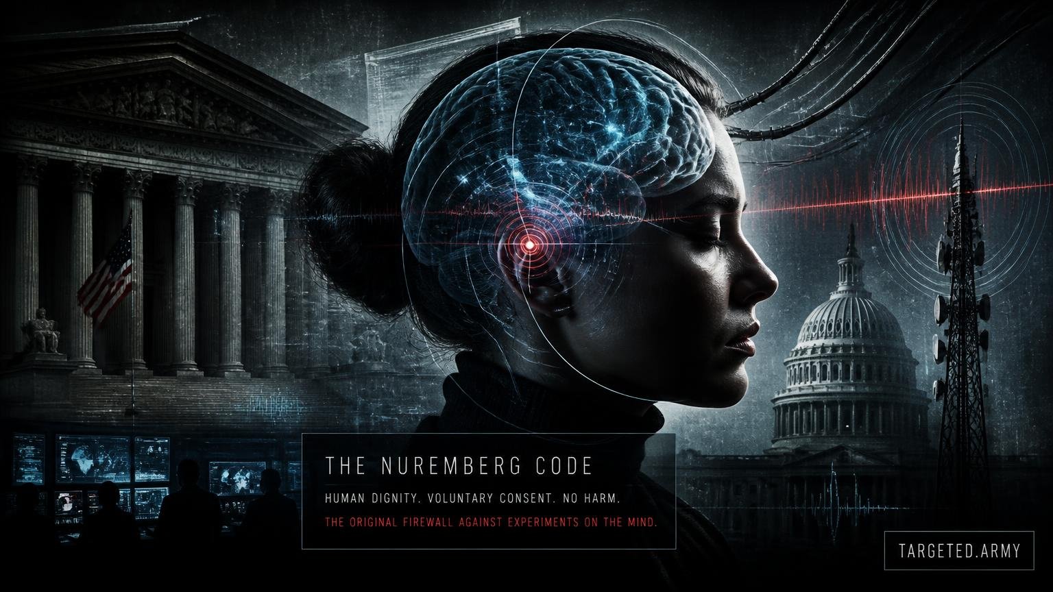 A cinematic TARGETED.ARMY editorial illustration representing the question: What is the significance of the Nuremberg Code in the context of mind control?