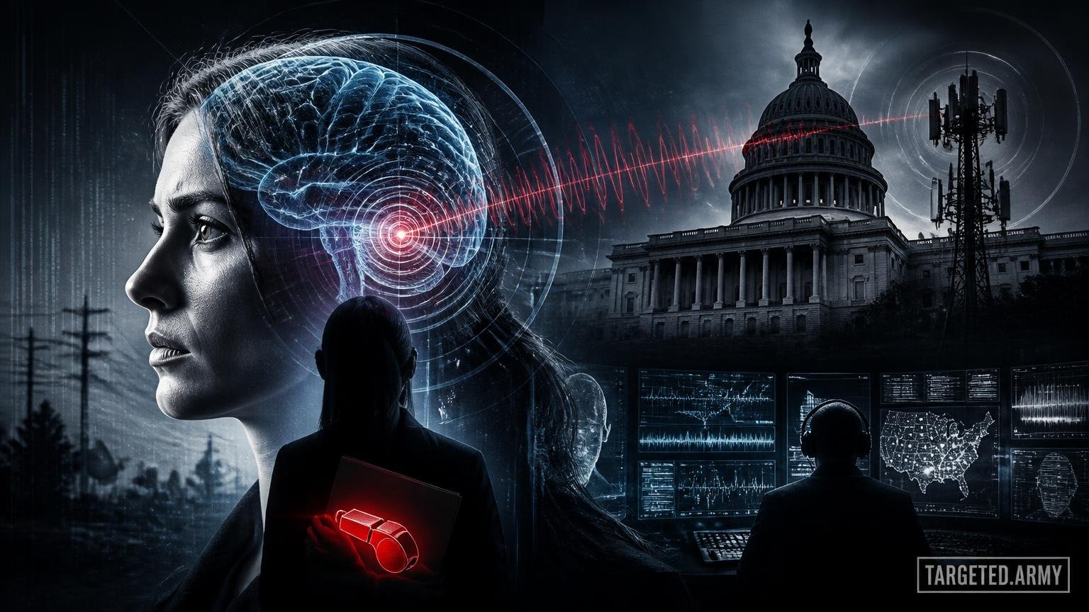 A cinematic TARGETED.ARMY editorial illustration representing the question: Why are whistleblowers considered essential in exposing mind control technologies?