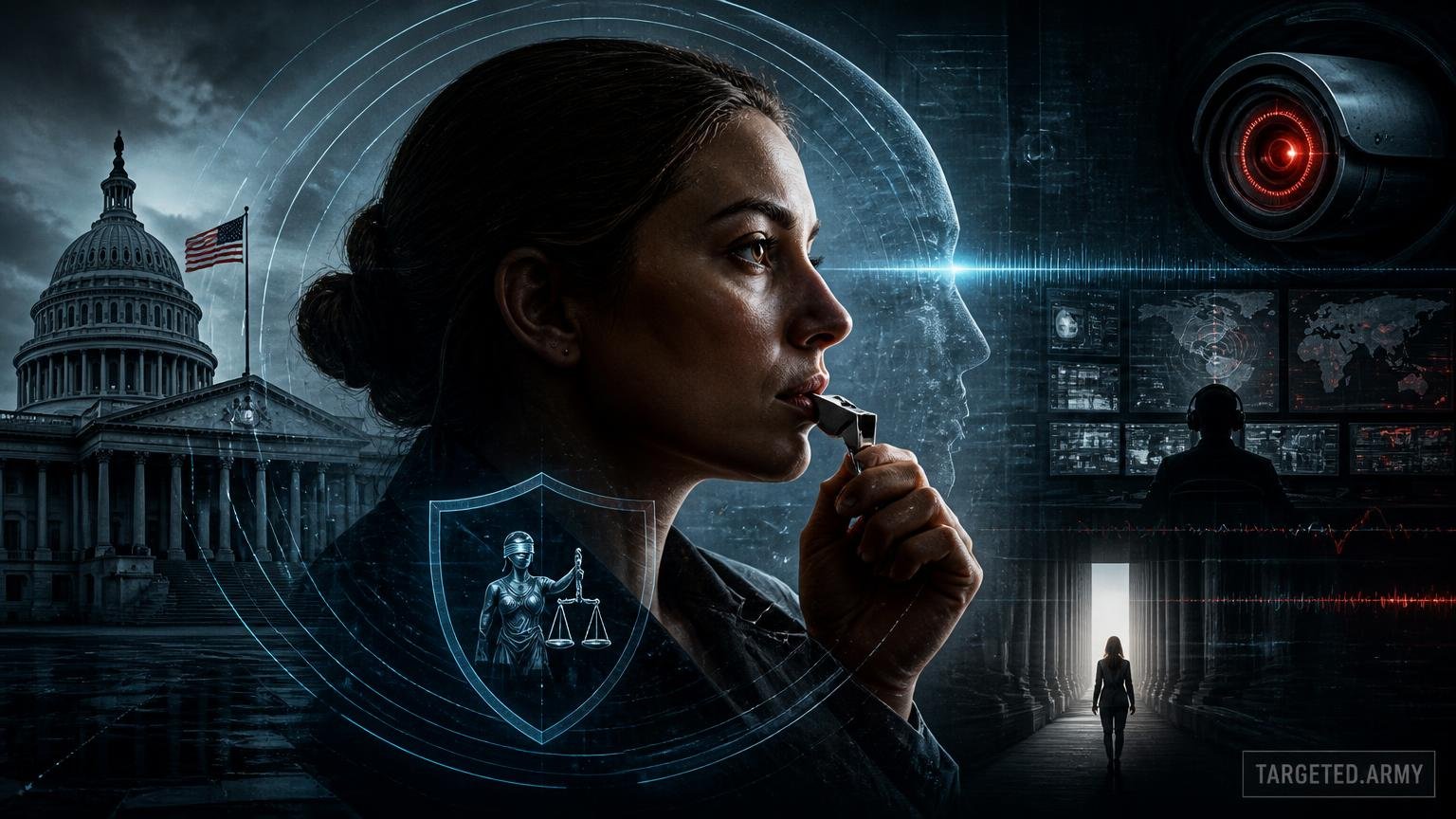A cinematic TARGETED.ARMY editorial illustration representing the question: What is the whistleblower protection law in the United States?