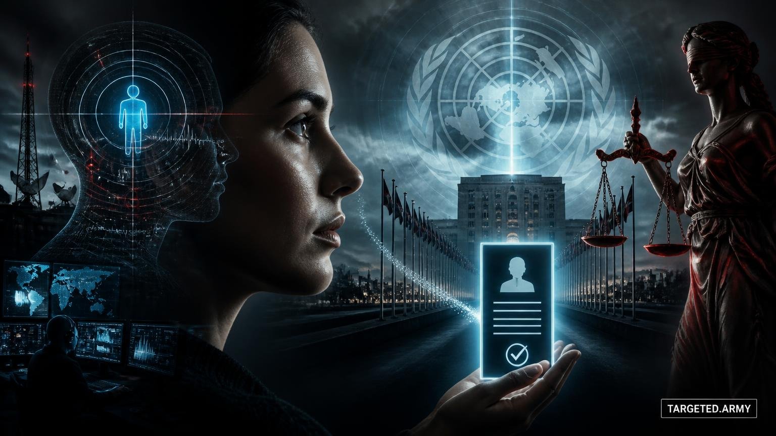 A cinematic TARGETED.ARMY editorial illustration representing the question: What is the significance of the United Nations Human Rights Complaint Form for Targeted Individuals?