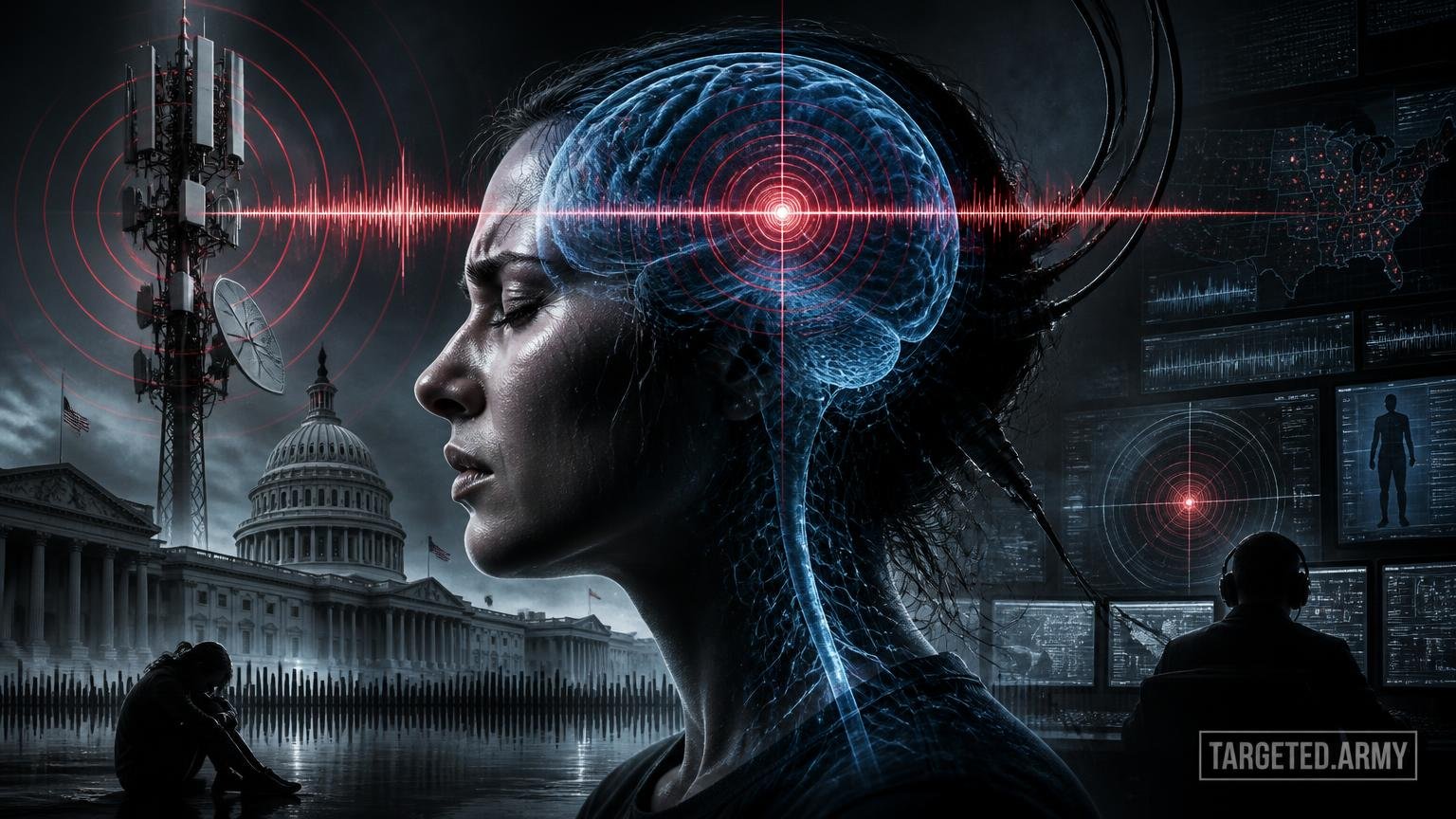 A cinematic TARGETED.ARMY editorial illustration representing the question: Why is technological rape considered particularly horrifying compared to traditional sexual assault?
