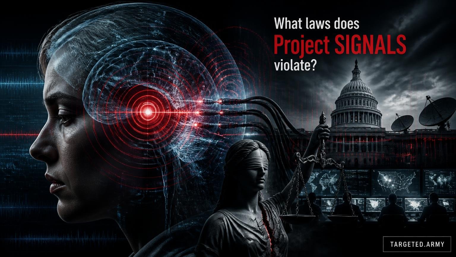 A cinematic TARGETED.ARMY editorial illustration representing the question: What laws does Project SIGNALS violate?