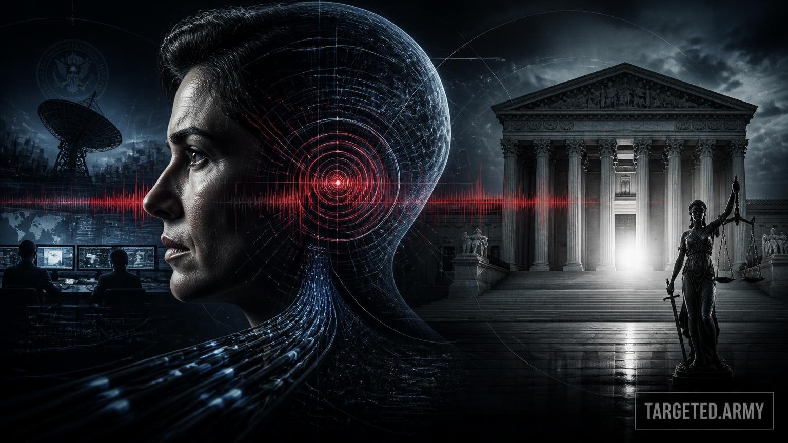 A cinematic TARGETED.ARMY editorial illustration representing the question: Can intelligence community whistleblowers file lawsuits in federal court?