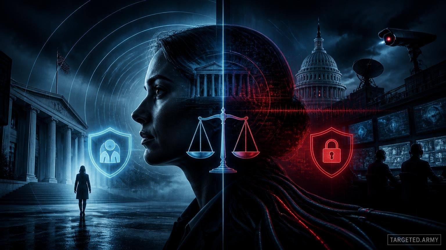 A cinematic TARGETED.ARMY editorial illustration representing the question: What is the difference between civilian and intelligence community whistleblower protections?