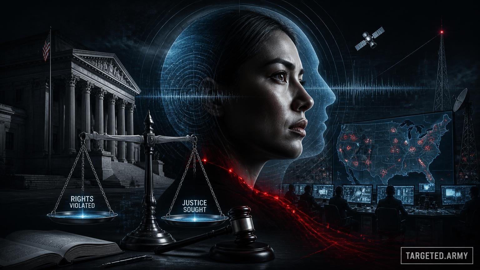 A cinematic TARGETED.ARMY editorial illustration representing the question: What legal claims can be included in a federal lawsuit by victims?