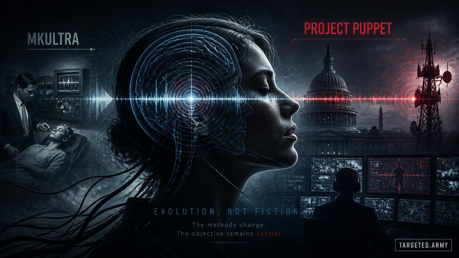 A cinematic TARGETED.ARMY editorial illustration representing the question: What is the significance of the evolution from MKUltra to Project Puppet for humanity?