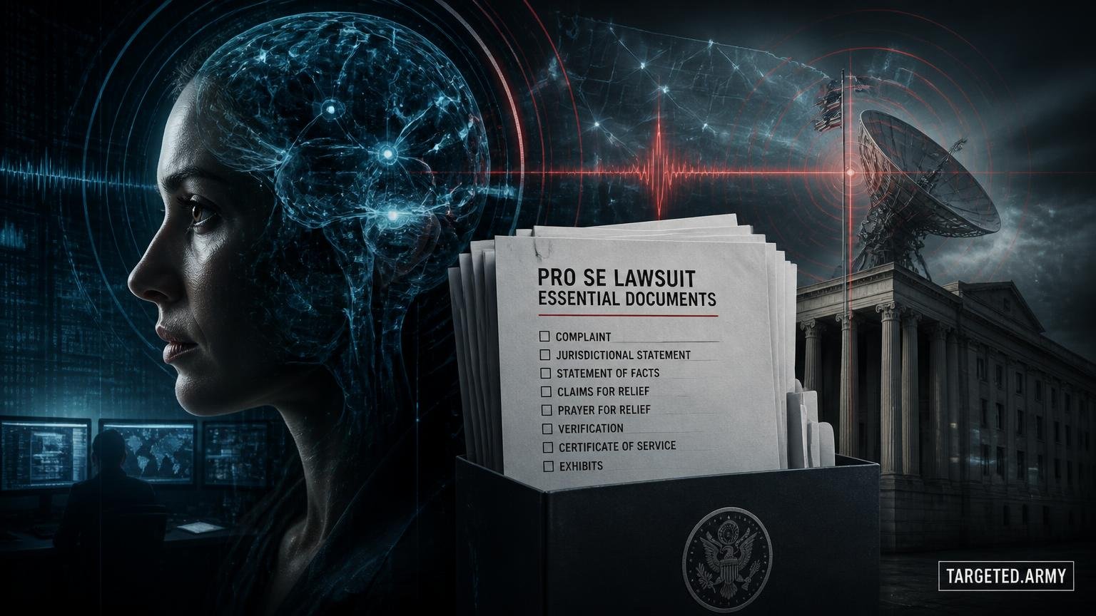 A cinematic TARGETED.ARMY editorial illustration representing the question: What documents are needed when filing a Pro Se lawsuit against the NSA?