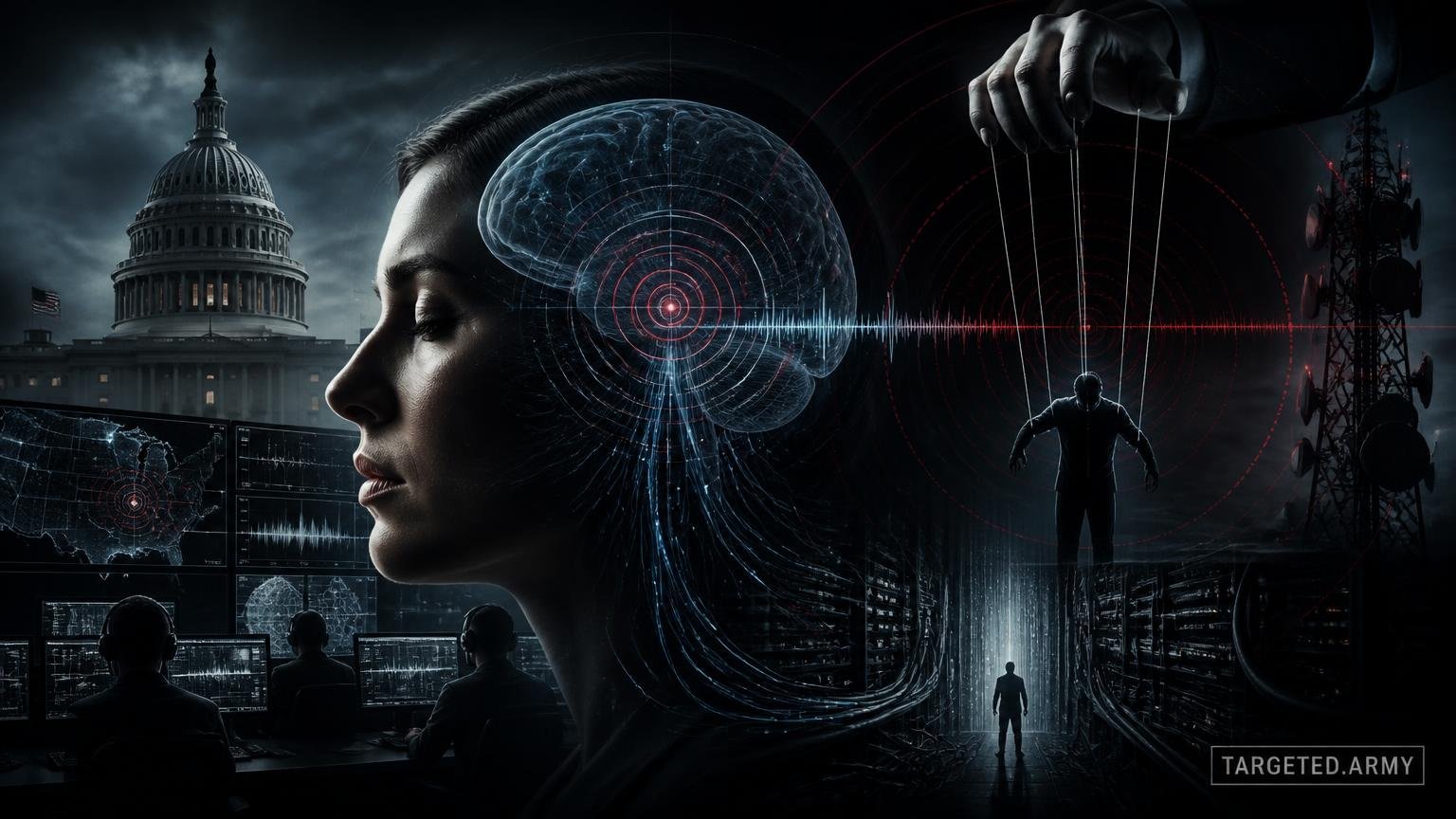 A cinematic TARGETED.ARMY editorial illustration representing the question: What questions of accountability are raised by Project Soul Catcher and Project Puppet?