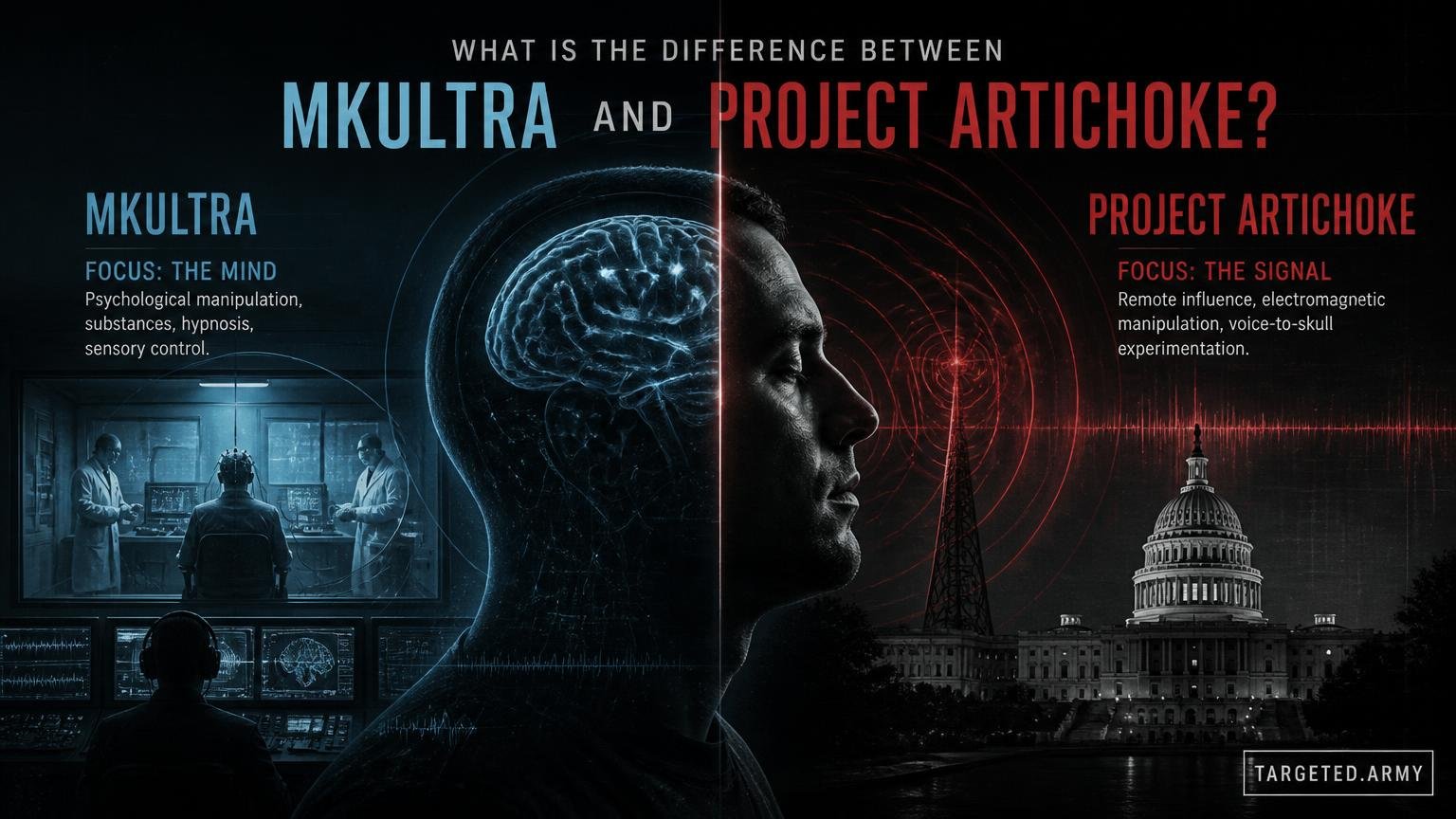 A cinematic TARGETED.ARMY editorial illustration representing the question: What is the difference between MKUltra and Project ARTICHOKE?