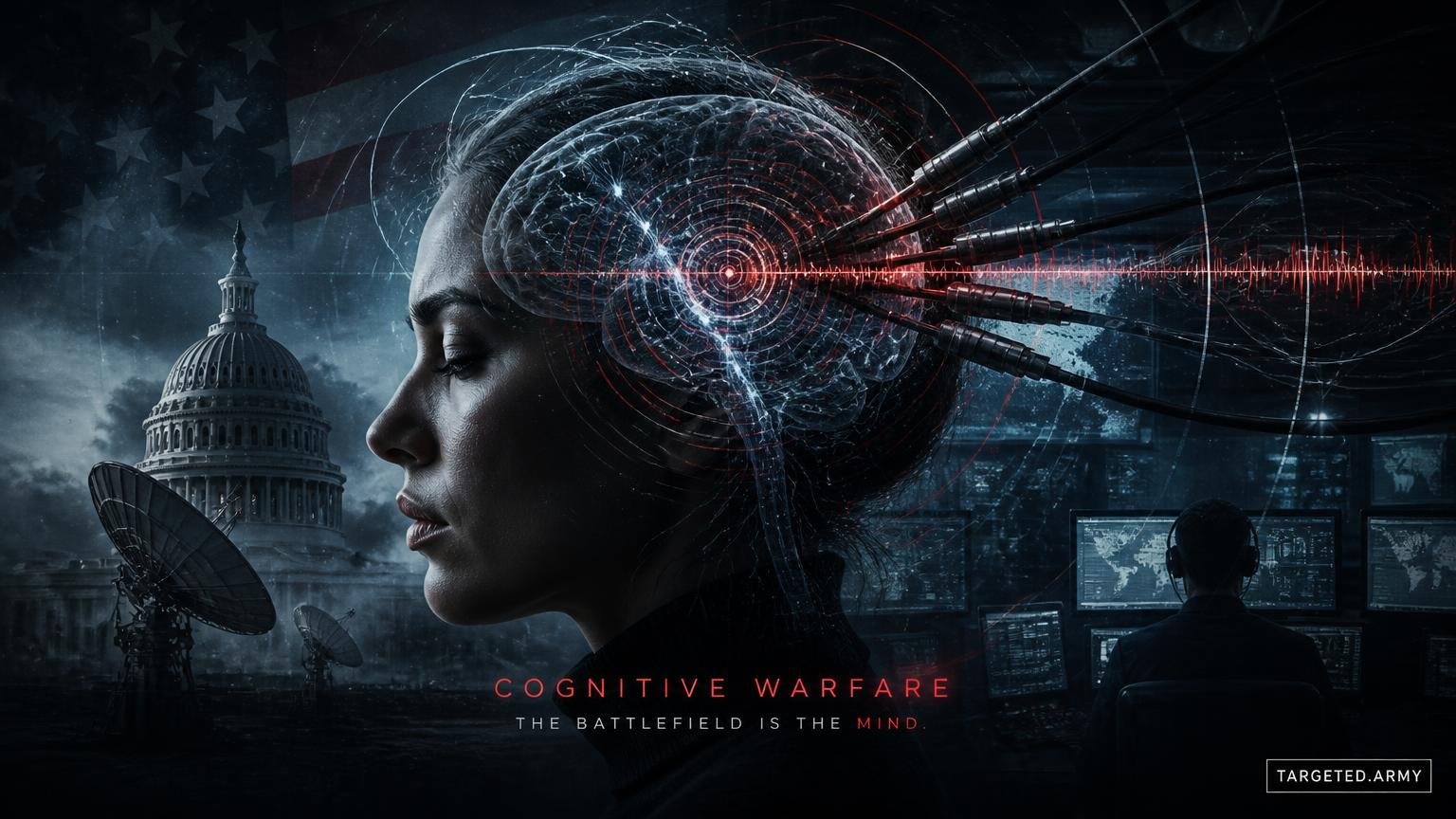 A cinematic TARGETED.ARMY editorial illustration representing the question: What is the concept of 'cognitive warfare'?