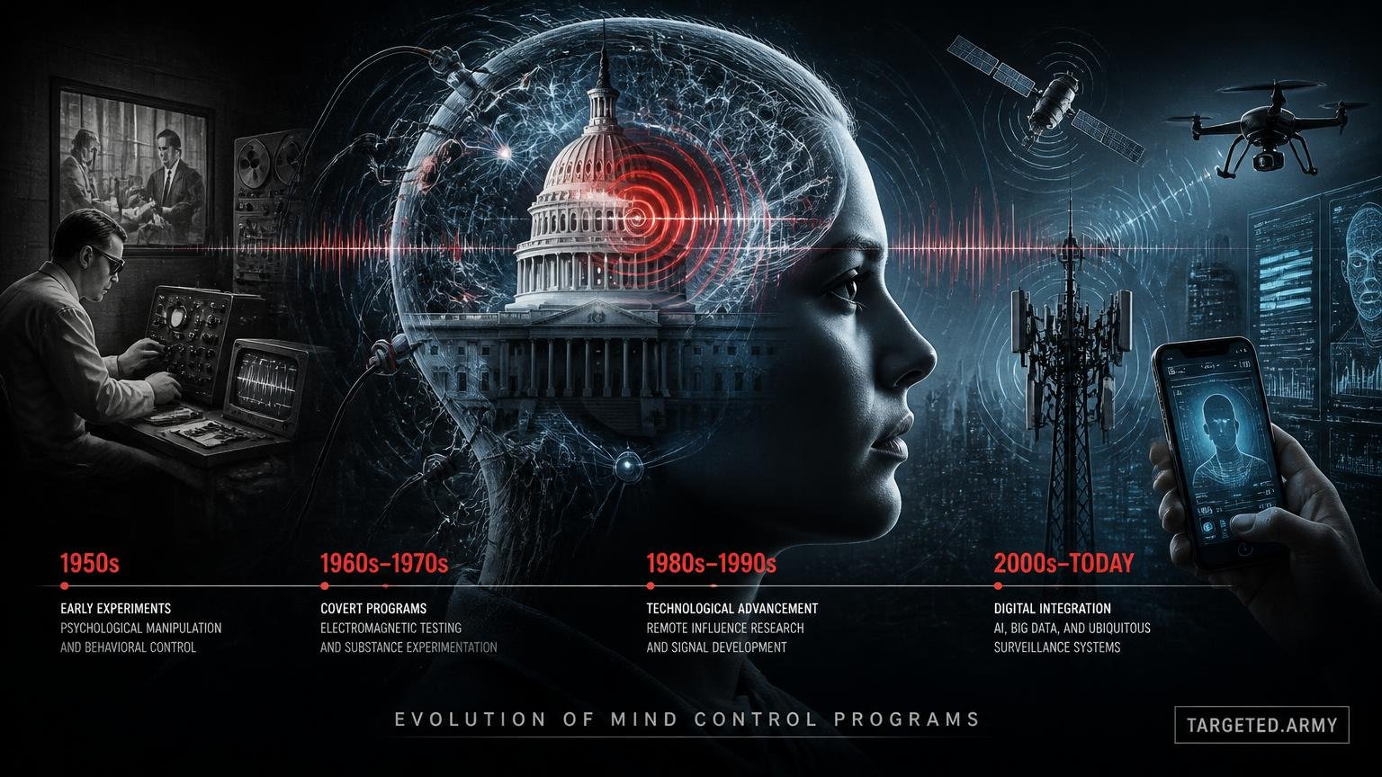 A cinematic TARGETED.ARMY editorial illustration representing the question: How did mind control programs evolve from the 1950s to today?