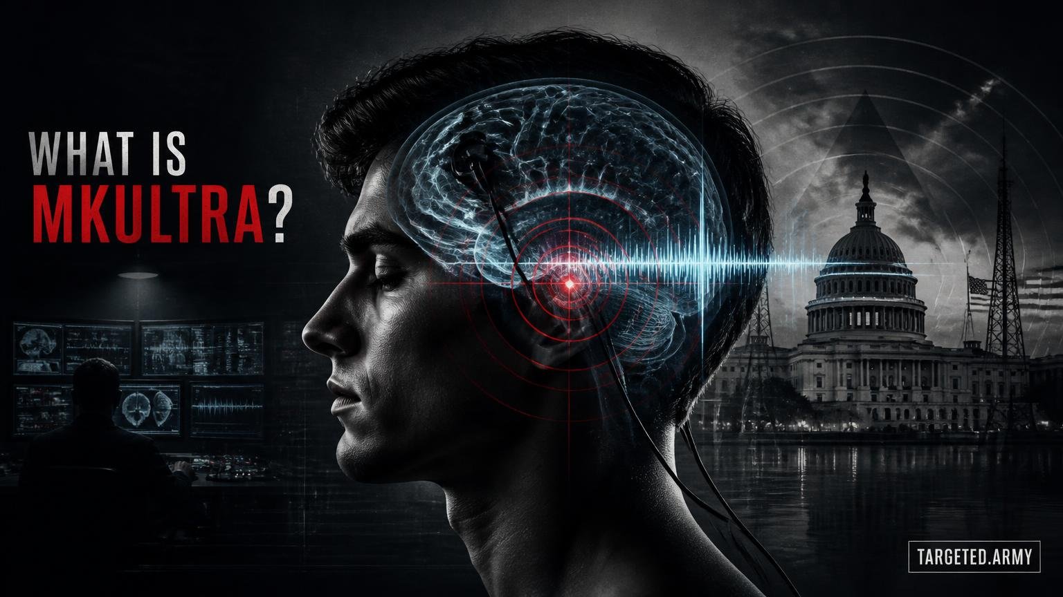 A cinematic TARGETED.ARMY editorial illustration representing the question: What is MKUltra?