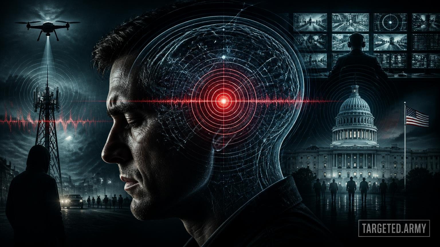 A cinematic TARGETED.ARMY editorial illustration representing the question: What is the psychological goal of gangstalking programs?