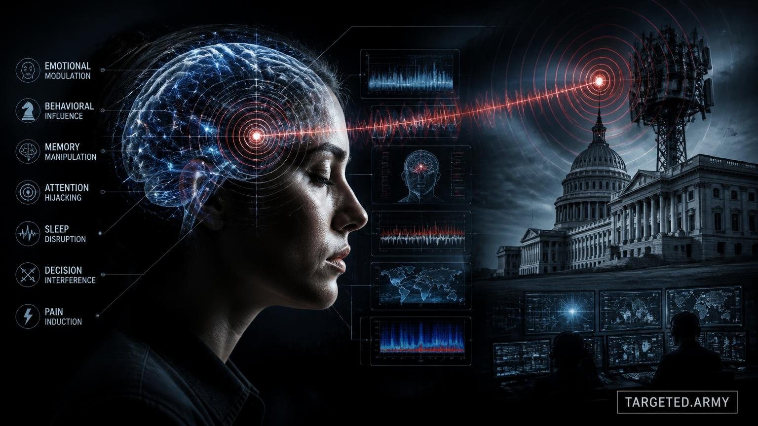 A cinematic TARGETED.ARMY editorial illustration representing the question: What are the potential capabilities of modern mind control technologies?