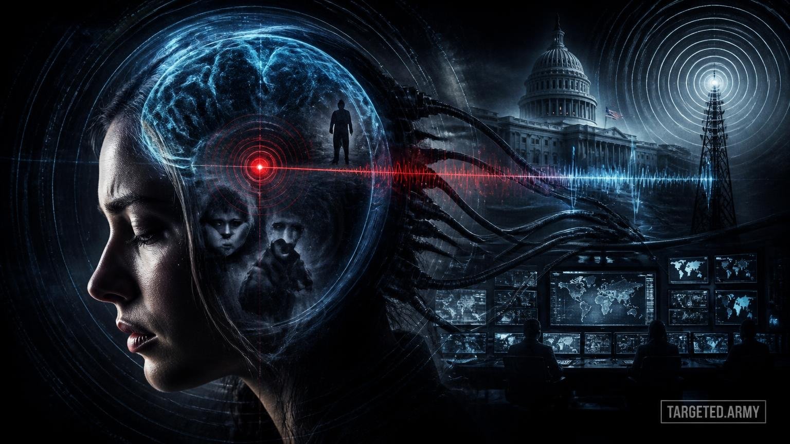 A cinematic TARGETED.ARMY editorial illustration representing the question: What is the psychological impact of trauma-based mind control, such as the alleged Monarch Programming?