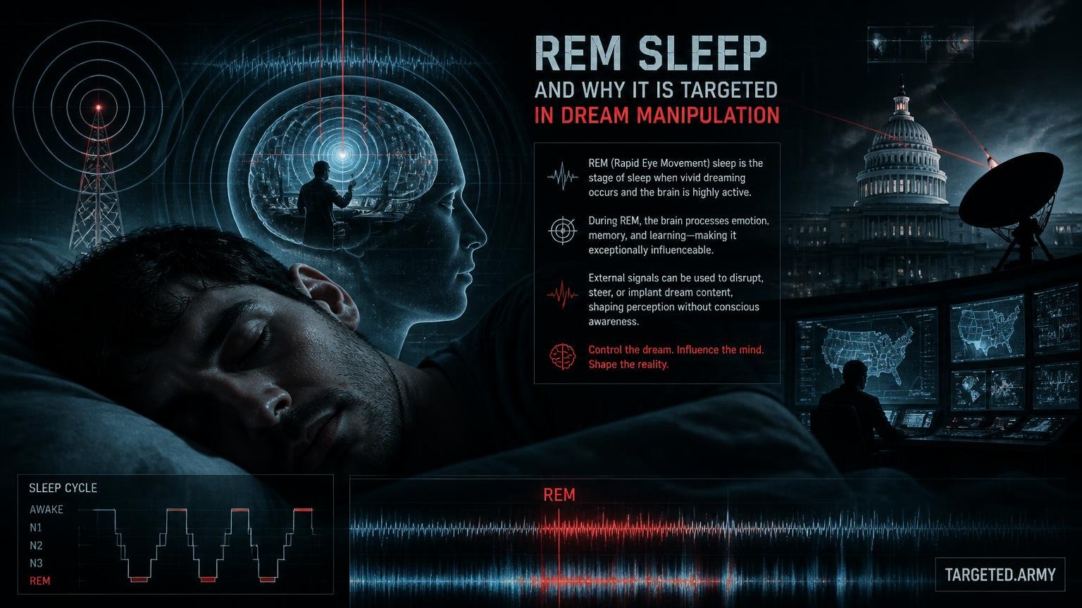 A cinematic TARGETED.ARMY editorial illustration representing the question: What is REM sleep and why is it targeted in dream manipulation?