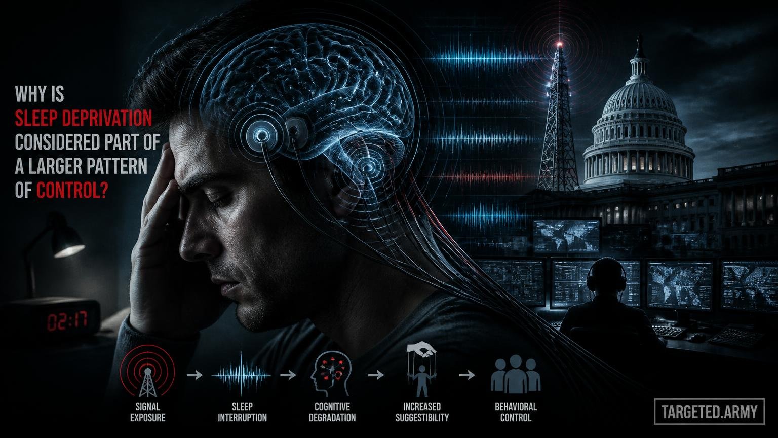 A cinematic TARGETED.ARMY editorial illustration representing the question: Why is sleep deprivation considered part of a larger pattern of control?