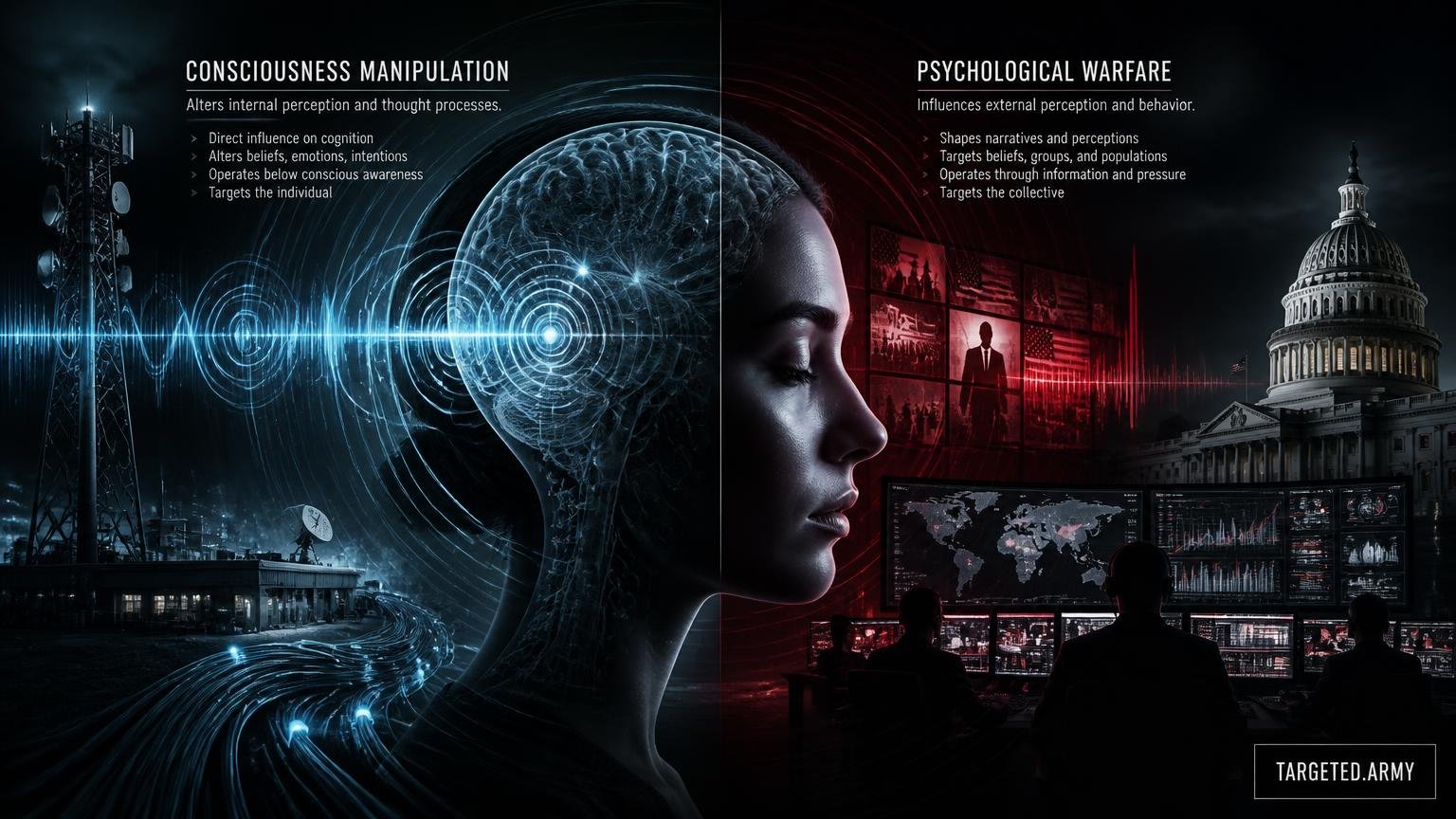 A cinematic TARGETED.ARMY editorial illustration representing the question: What is the difference between consciousness manipulation and psychological warfare?