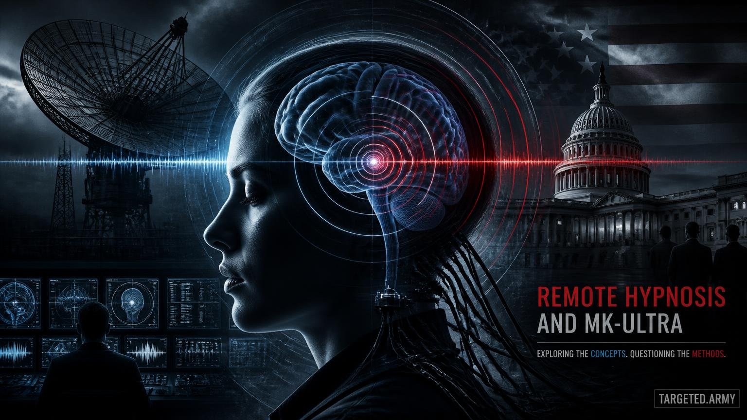 A cinematic TARGETED.ARMY editorial illustration representing the question: What is remote hypnosis and how was it explored in MK-ULTRA?