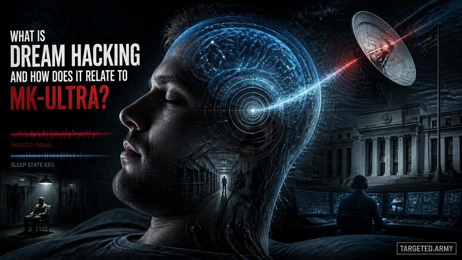 A cinematic TARGETED.ARMY editorial illustration representing the question: What is dream hacking and how does it relate to MK-ULTRA?